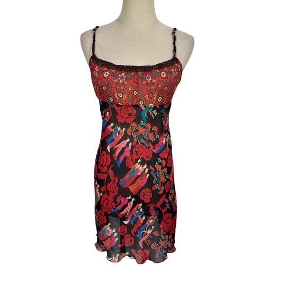 Josie by Natori Japanese Geisha Roses Mixed Pattern Babydoll Slip Dress - Picture 1 of 8